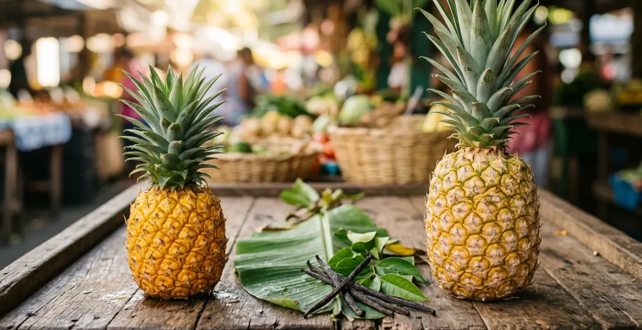 Comparaison visuelle entre ananas Victoria AOP et ananas importé dans un marché tropical