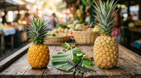 Comparaison visuelle entre ananas Victoria AOP et ananas importé dans un marché tropical