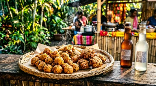 Bonbons piment et piments farcis réunionnais sur plateau tressé avec boissons locales