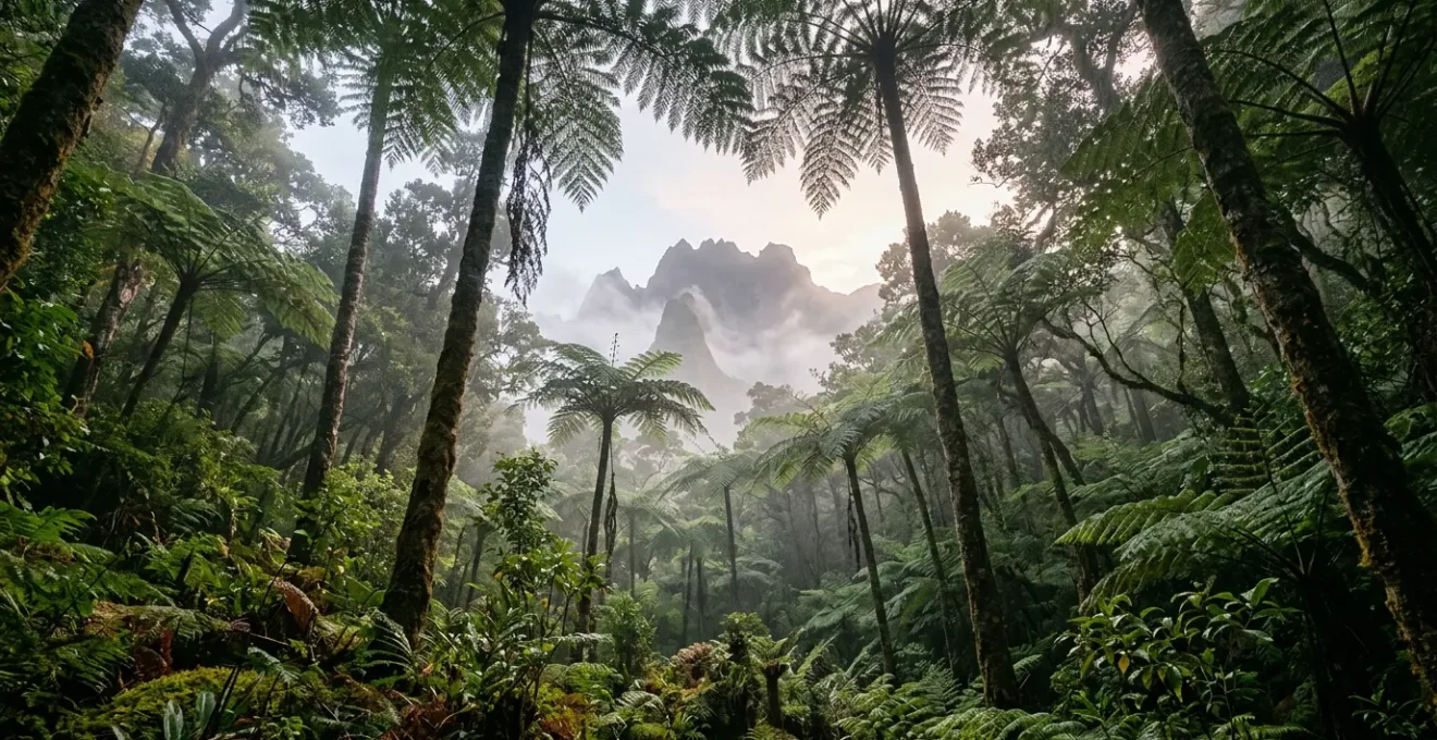 Forêt primaire endémique de La Réunion avec fougères arborescentes géantes et oiseaux tropicaux dans la canopée