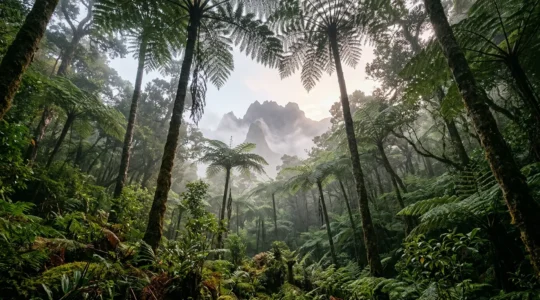 Forêt primaire endémique de La Réunion avec fougères arborescentes géantes et oiseaux tropicaux dans la canopée