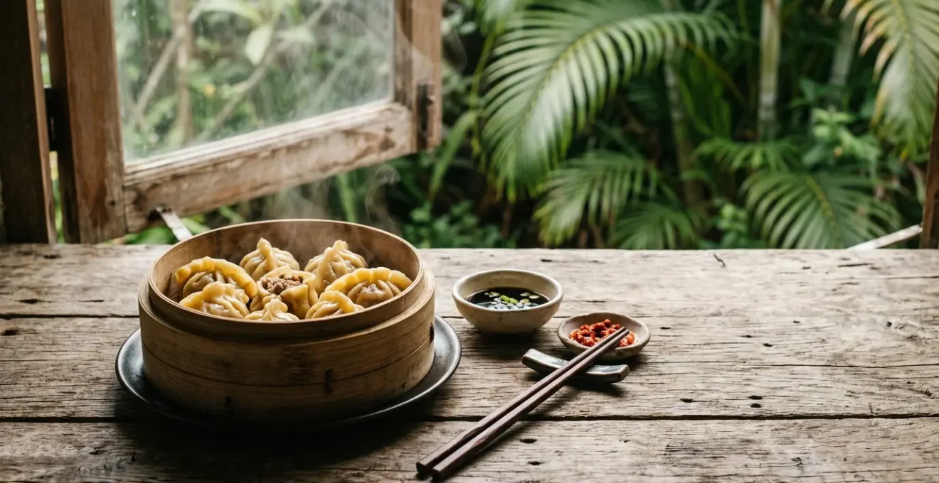 Panier vapeur en bambou avec des bouchons réunionnais dorés sur une table en bois avec des condiments colorés