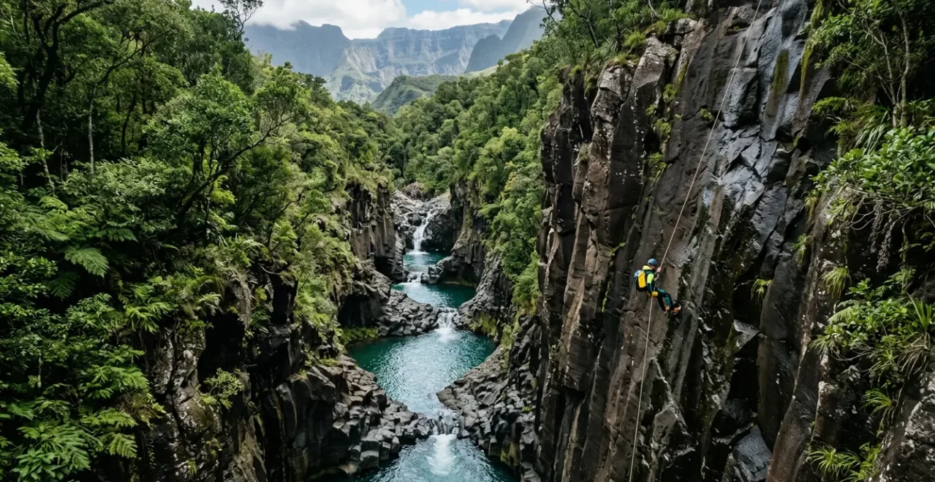 Descente en rappel dans un canyon de basalte noir avec cascade turquoise à La Réunion