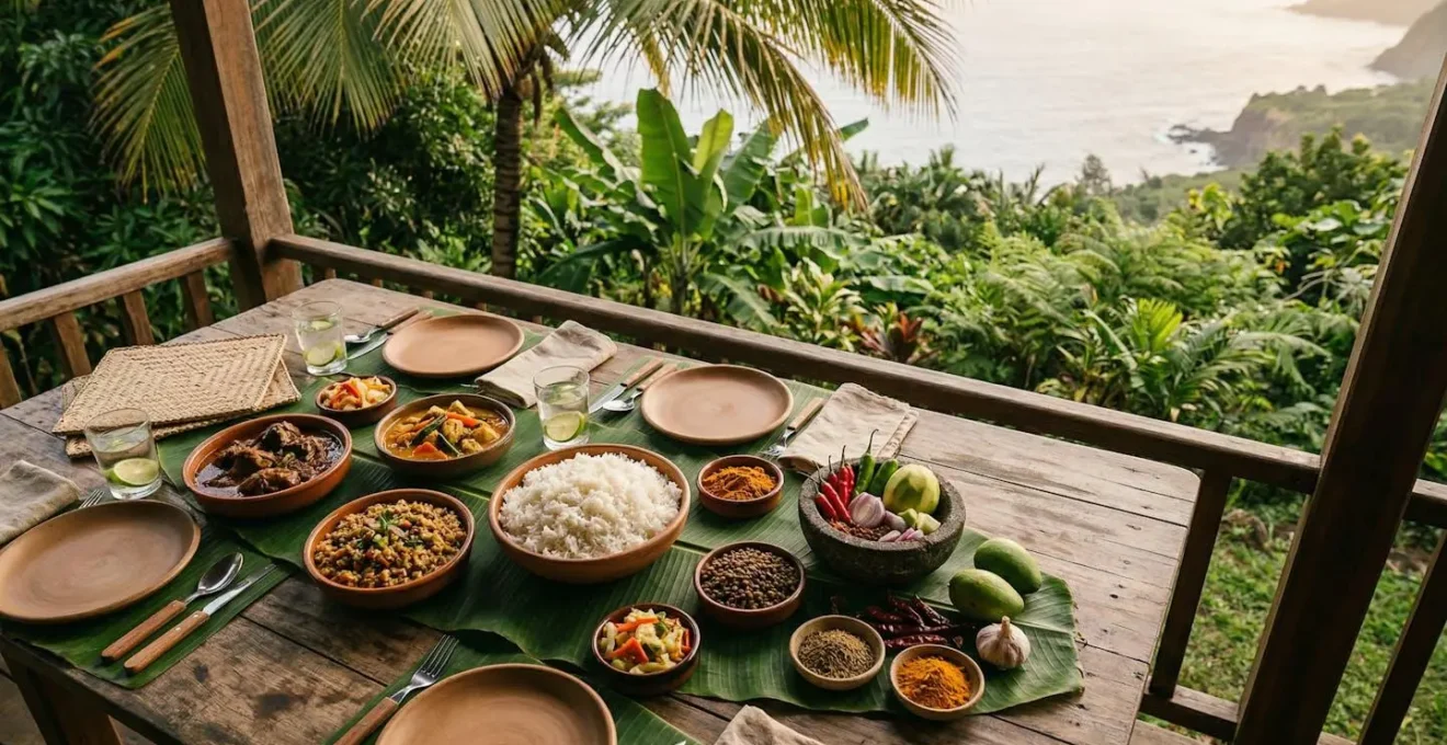 Table traditionnelle réunionnaise avec caris, épices et piments dans une ambiance créole authentique