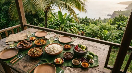 Table traditionnelle réunionnaise avec caris, épices et piments dans une ambiance créole authentique