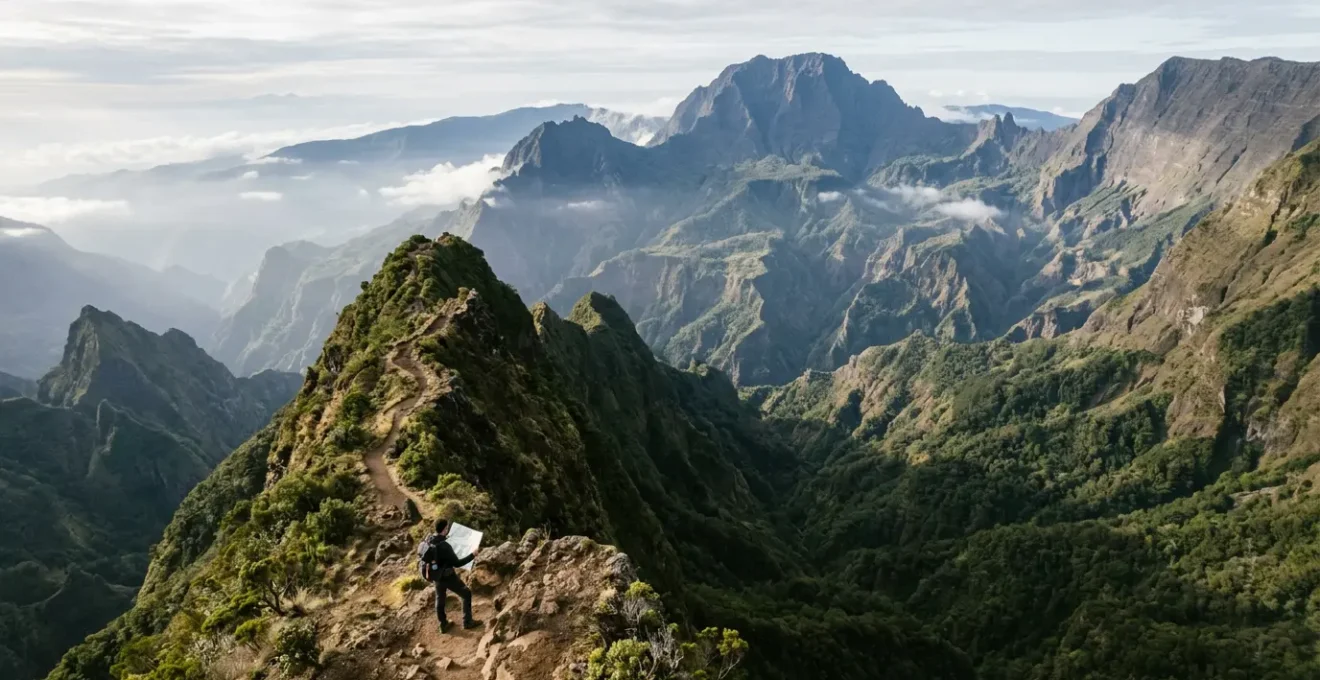 Carte topographique IGN Top 25 montrant des courbes de niveau très serrées sur un rempart volcanique de La Réunion avec un randonneur étudiant attentivement sa carte