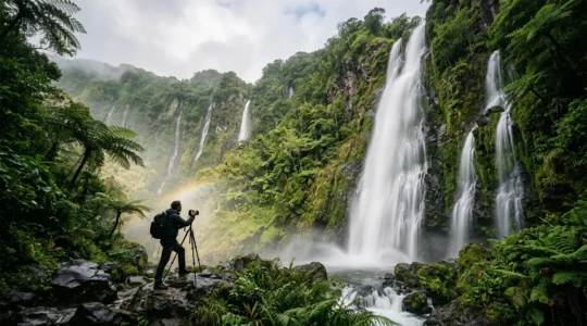 Photographe capturant l'effet soyeux d'une cascade tropicale à La Réunion avec un trépied et des filtres ND