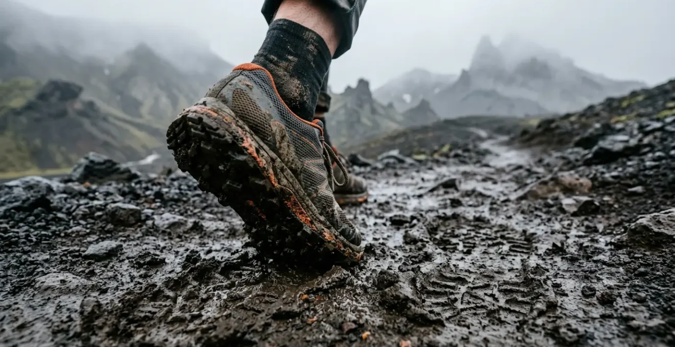 Chaussures de trail sur terrain volcanique boueux avec semelles cramponnées visibles