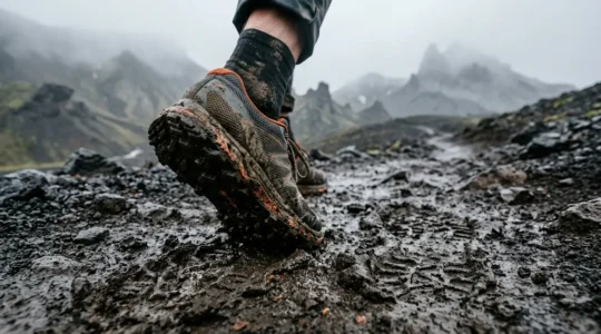Chaussures de trail sur terrain volcanique boueux avec semelles cramponnées visibles