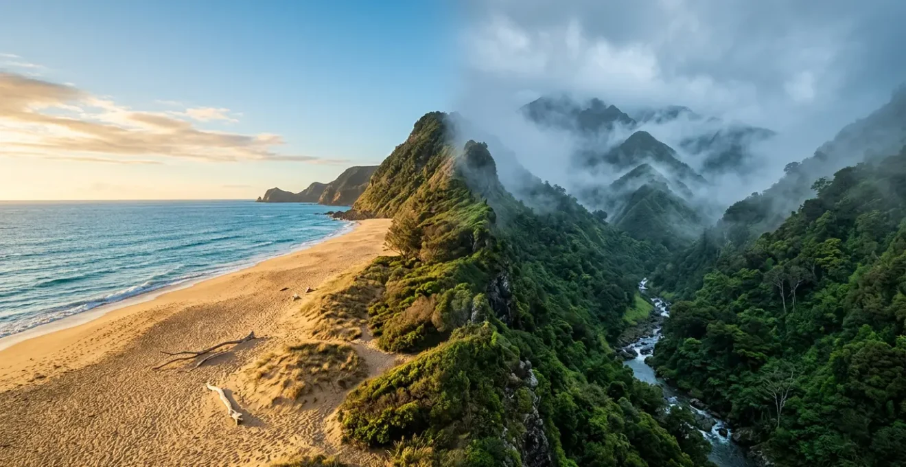 Contraste entre une plage ensoleillée et des montagnes brumeuses illustrant les différents climats