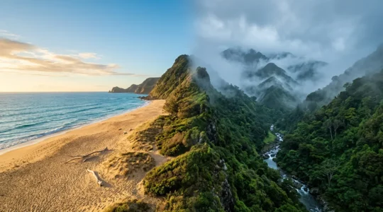 Contraste entre une plage ensoleillée et des montagnes brumeuses illustrant les différents climats