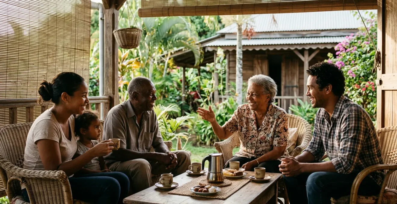 Habitants des Hauts de La Réunion partageant un moment convivial sous une varangue créole traditionnelle