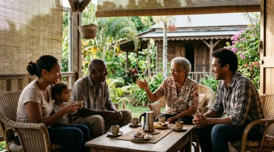 Habitants des Hauts de La Réunion partageant un moment convivial sous une varangue créole traditionnelle
