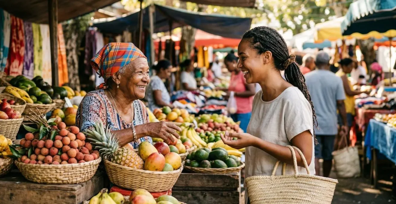 Conversation chaleureuse entre locaux et visiteurs sur un marché coloré de La Réunion