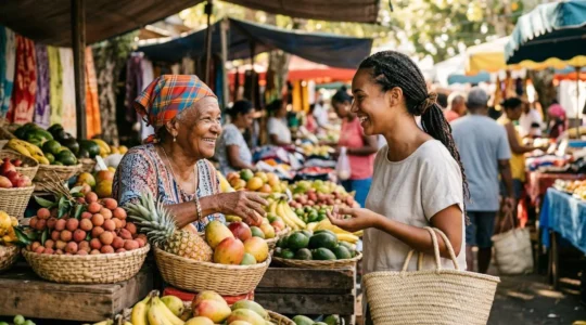 Conversation chaleureuse entre locaux et visiteurs sur un marché coloré de La Réunion