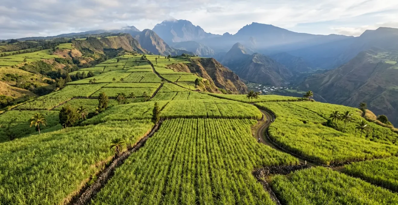 Vastes champs de cannes à sucre s'étendant sur les pentes volcaniques de l'île avec montagne en arrière-plan