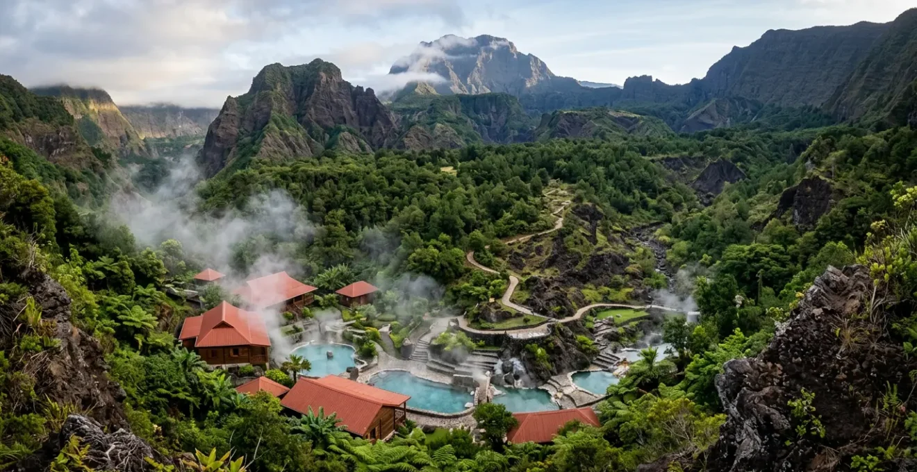 Vue panoramique des thermes de Cilaos nichés dans le cirque montagneux avec le Piton des Neiges en arrière-plan