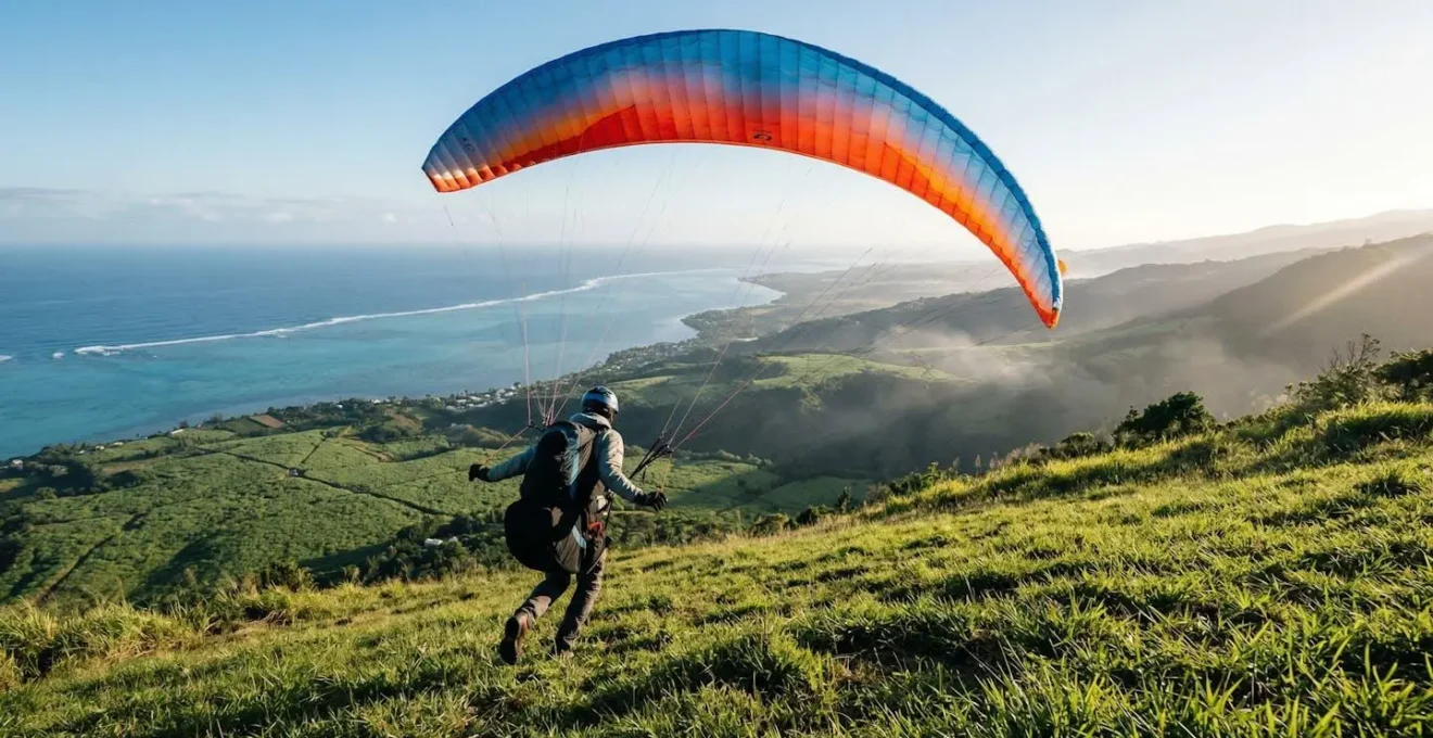 Parapentiste en phase de décollage dos voile sur la pente herbeuse des Colimaçons à Saint-Leu, La Réunion