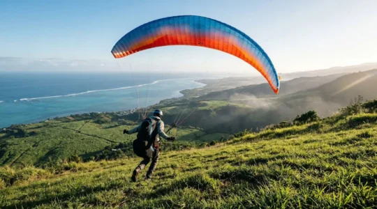 Parapentiste en phase de décollage dos voile sur la pente herbeuse des Colimaçons à Saint-Leu, La Réunion
