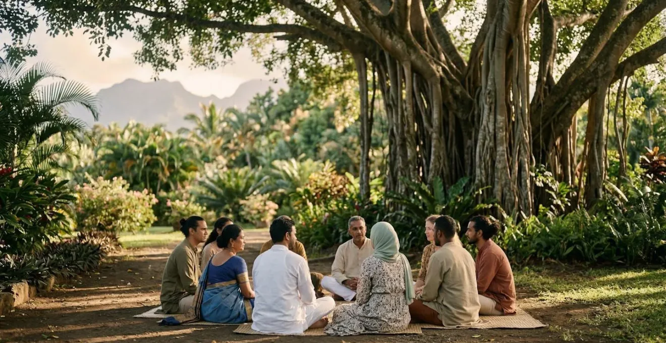 Rencontre spirituelle entre diverses communautés religieuses à La Réunion dans un jardin tropical