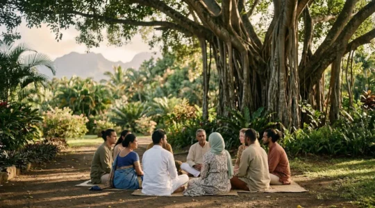 Rencontre spirituelle entre diverses communautés religieuses à La Réunion dans un jardin tropical