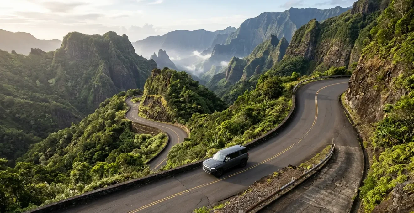 Véhicule sur route de montagne escarpée avec virages serrés et vue sur un cirque tropical en arrière-plan