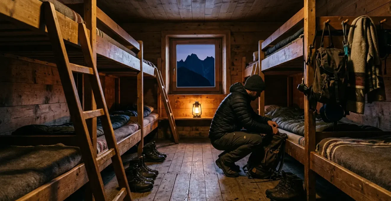 Vue intérieure d'un dortoir de refuge de montagne avec lits superposés et randonneur se préparant pour la nuit