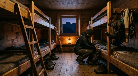Vue intérieure d'un dortoir de refuge de montagne avec lits superposés et randonneur se préparant pour la nuit