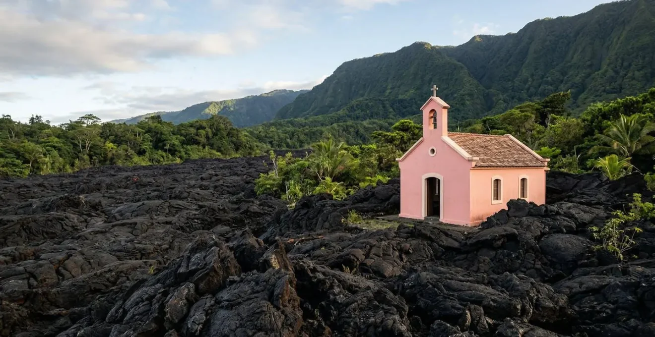 Vue de l'église Notre-Dame-des-Laves avec la coulée de lave solidifiée à son entrée