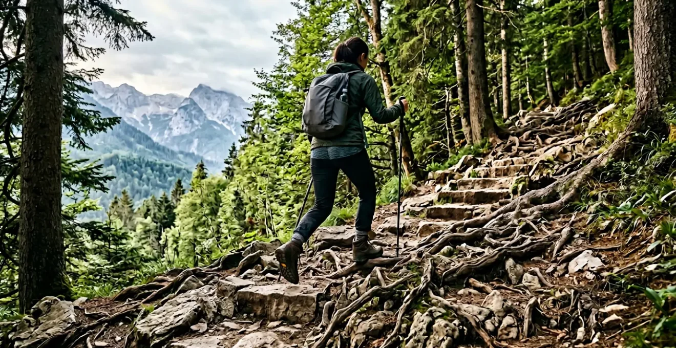 Randonneur s'entraînant sur un sentier rocheux en montagne avec bâtons de marche
