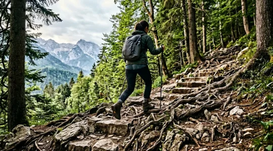 Randonneur s'entraînant sur un sentier rocheux en montagne avec bâtons de marche