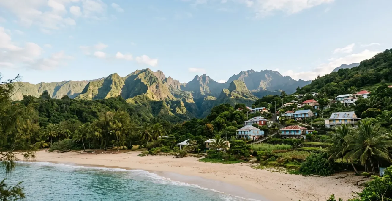 Vue panoramique de La Réunion montrant la transition entre plage tropicale, montagne verdoyante et architecture créole