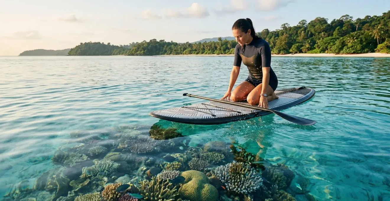 Personne en équilibre sur un paddle board observant les fonds marins dans une eau cristalline