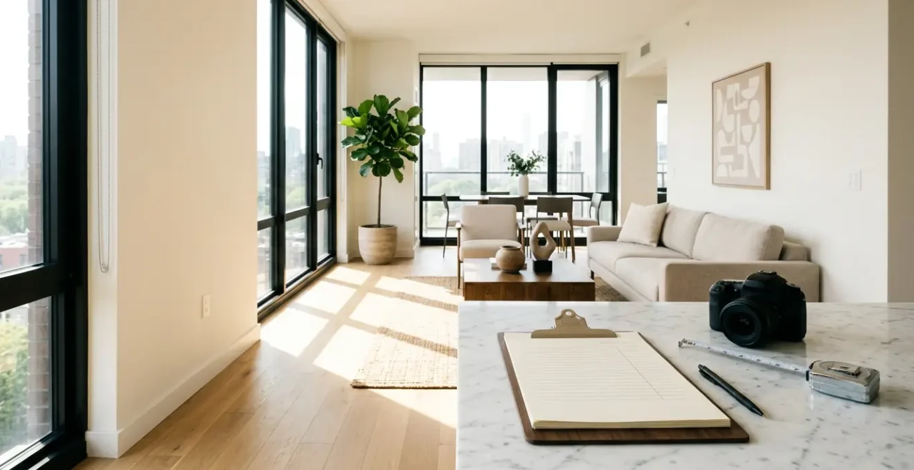 Inspection minutieuse d'un appartement moderne avec documents d'état des lieux et éclairage naturel