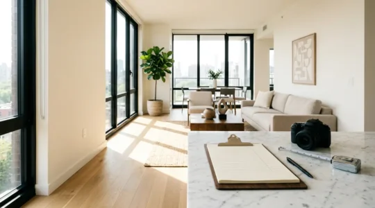 Inspection minutieuse d'un appartement moderne avec documents d'état des lieux et éclairage naturel