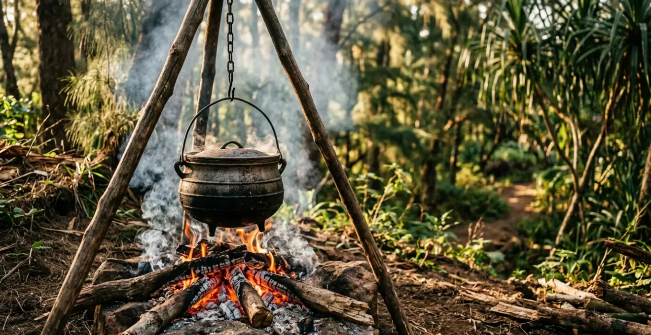 Marmite en fonte sur feu de bois avec fumée aromatique dans une aire de pique-nique tropicale