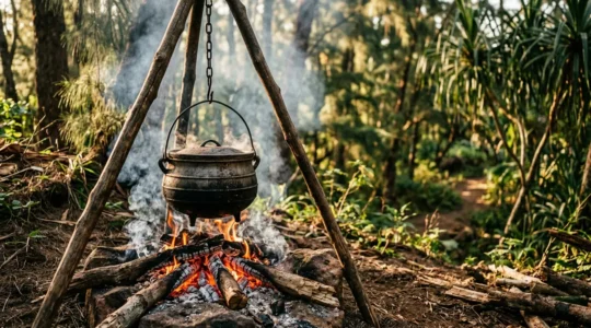 Marmite en fonte sur feu de bois avec fumée aromatique dans une aire de pique-nique tropicale
