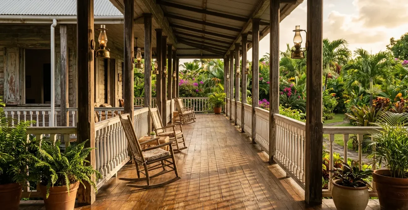 Varangue d'un hôtel de charme créole avec colonnes en bois et vue sur jardin tropical