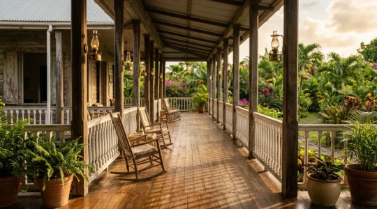 Varangue d'un hôtel de charme créole avec colonnes en bois et vue sur jardin tropical