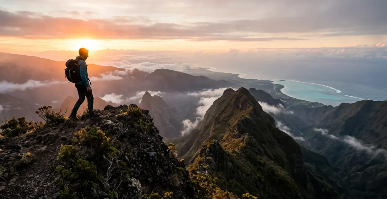 Randonneur contemplant le lever du soleil au sommet du Maïdo avec équipement de montagne, transition vers une plage tropicale en arrière-plan