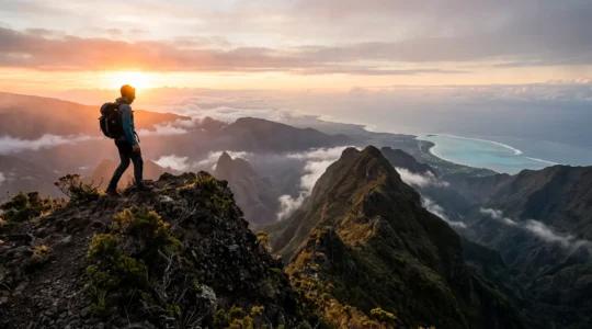 Randonneur contemplant le lever du soleil au sommet du Maïdo avec équipement de montagne, transition vers une plage tropicale en arrière-plan