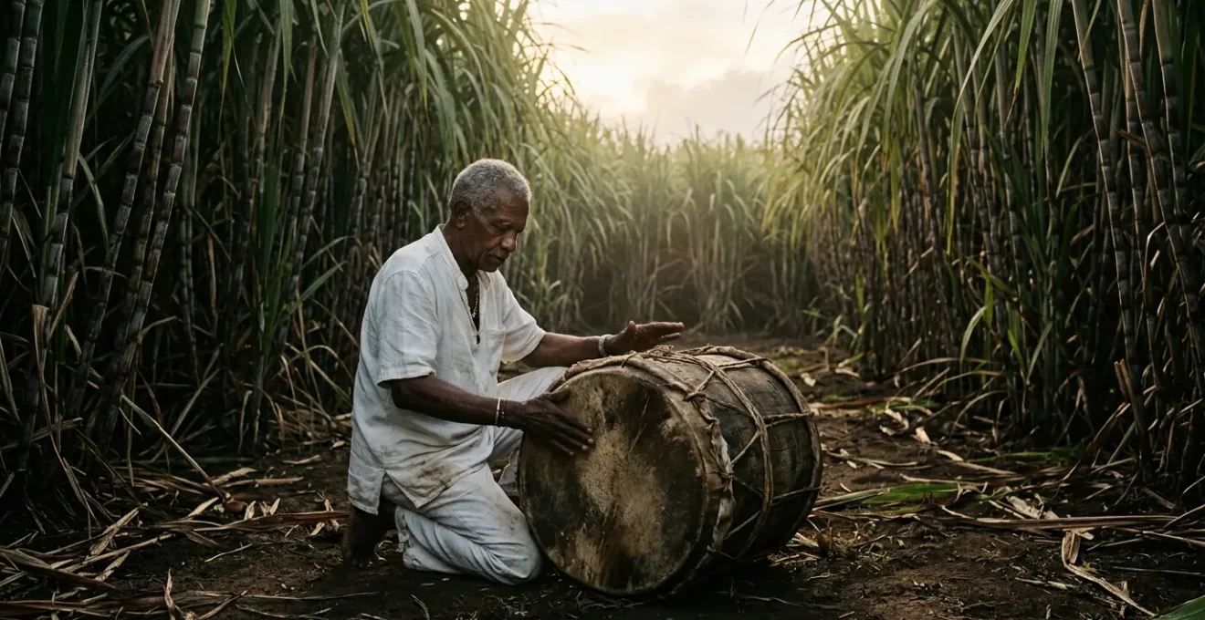 Un musicien de maloya joue du roulèr au sol dans un champ de canne à sucre à La Réunion