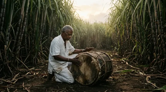 Un musicien de maloya joue du roulèr au sol dans un champ de canne à sucre à La Réunion