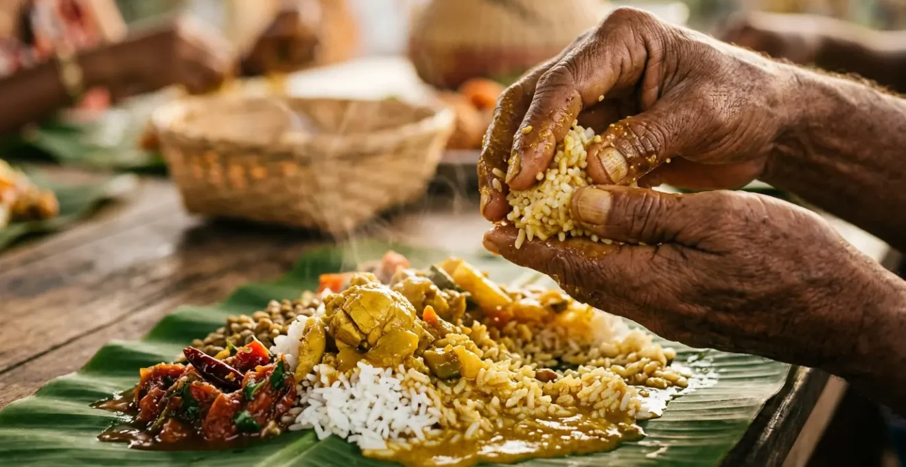 Vue rapprochée de mains mangeant un cari créole traditionnel avec la technique de la main droite