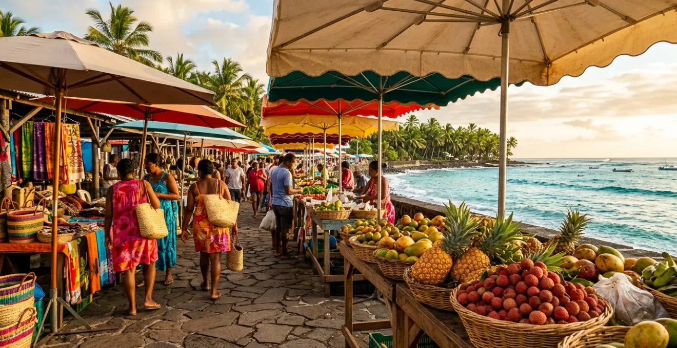Vue d'ensemble du marché de Saint-Paul à La Réunion avec ses parasols multicolores et ses étals de fruits tropicaux face à l'océan