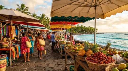 Vue d'ensemble du marché de Saint-Paul à La Réunion avec ses parasols multicolores et ses étals de fruits tropicaux face à l'océan