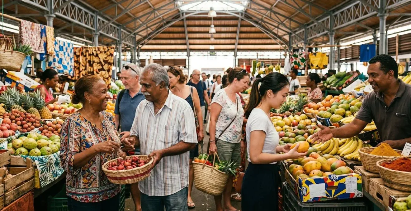 Portrait de la diversité culturelle réunionnaise sur un marché traditionnel avec représentants de différentes communautés