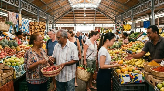 Portrait de la diversité culturelle réunionnaise sur un marché traditionnel avec représentants de différentes communautés