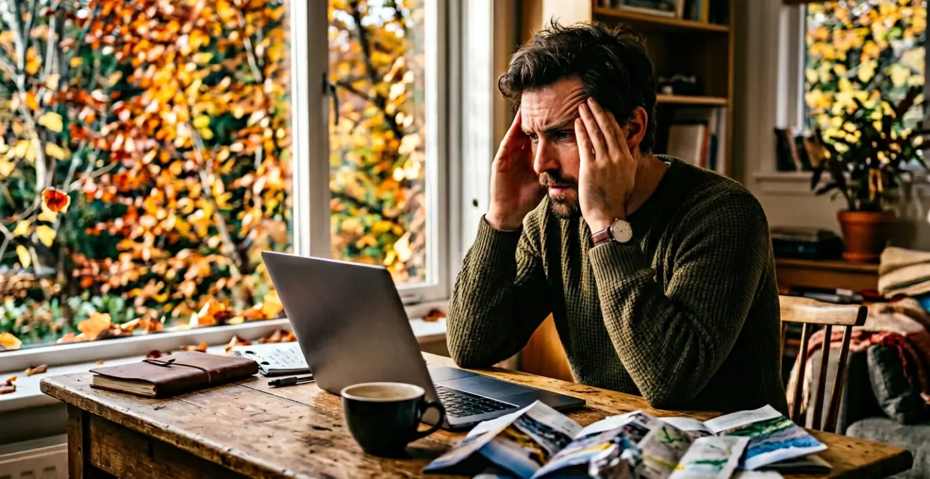 Voyageur contemplant anxieusement un écran d'ordinateur portable montrant des réservations complètes, dans une atmosphère d'urgence automnale