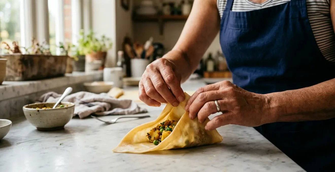 Mains expertes pliant une feuille de brique dorée en triangle parfait avec une farce colorée visible